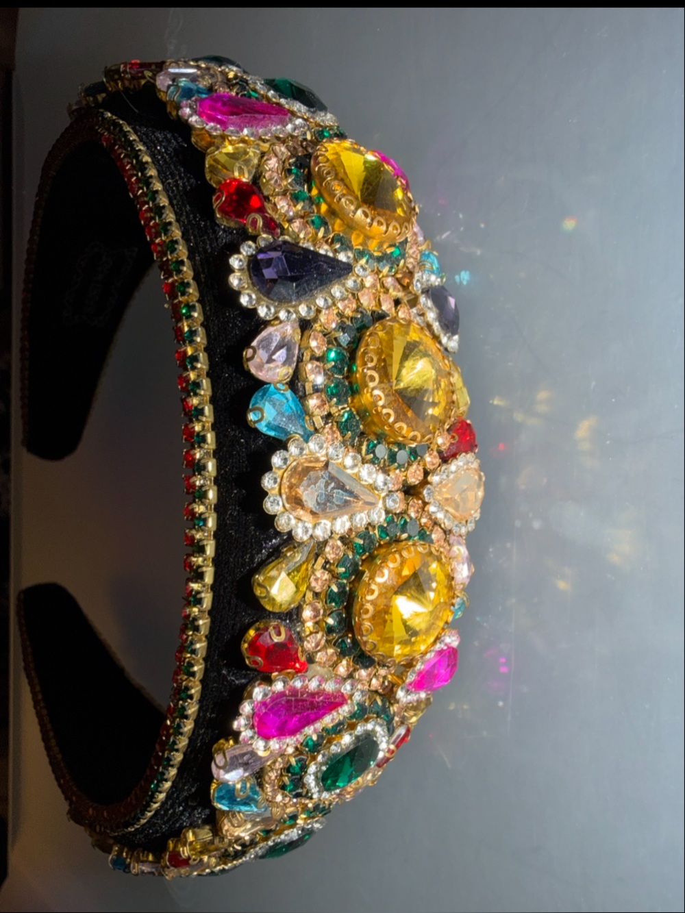 Handmade Fabulous Glass Rhinestone Bling Headband Black Velvet Runway Piece - Picture 5 of 6